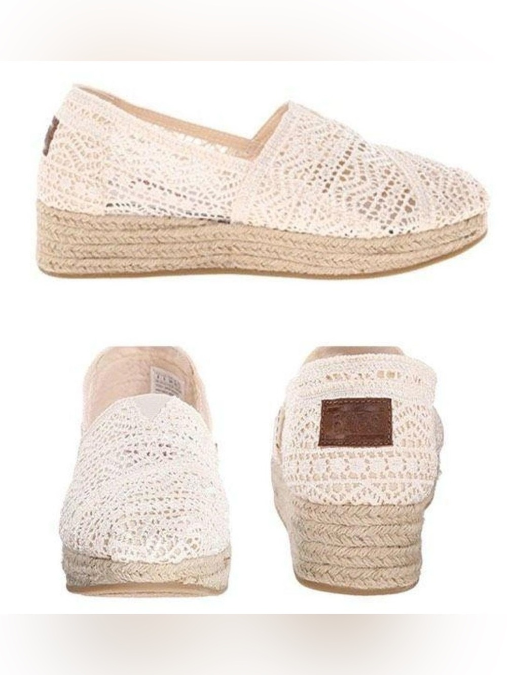 SKETCHERS BOBS Sz 8.5~IVORY CROCHET ESPADRILLE KNIT SLIP ON WEDGE SHOES~SANDALS